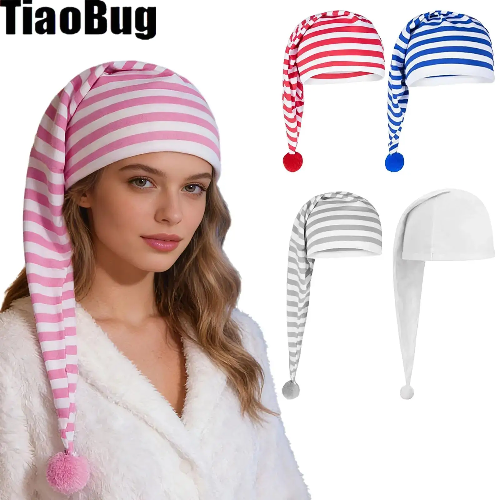 

Women Men Adjustable Night Cap Hat Sleeping Cap Striped Pajama Hat with Pom Ball for Christmas Daily Costume Party