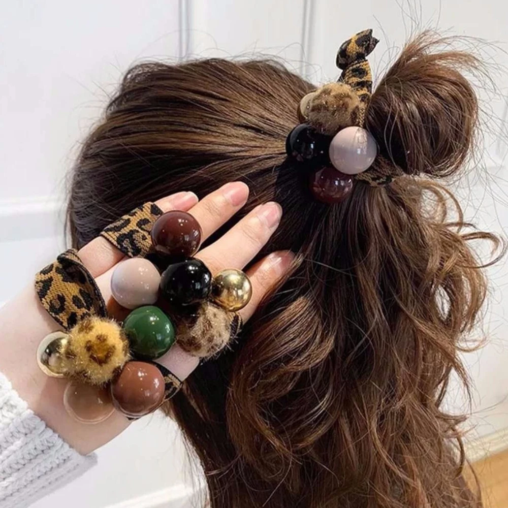 

Vintage Leopard Print Hair Ties Colorful Beaded Pom Pom Balls Hair Loop For Women Girls Ponytail Holder Elastic Scrunchies