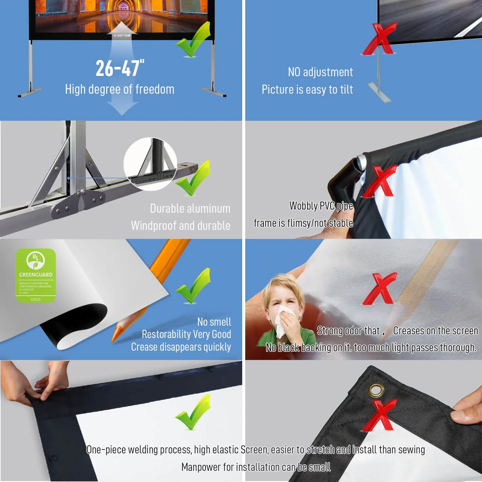 Projector Screen with Stand 120 inch 16:9 HD 4K Outdoor Projector Screen Fast Fold Front & Rear Projection for Outdoor & Indoor