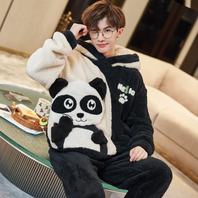 커플잠옷 Winter Coral Man Pajamas Pajama Sets Nightwear Hooded Long Sleeve Thicken Warm Flannel Sleepwear pijama hombre invierno