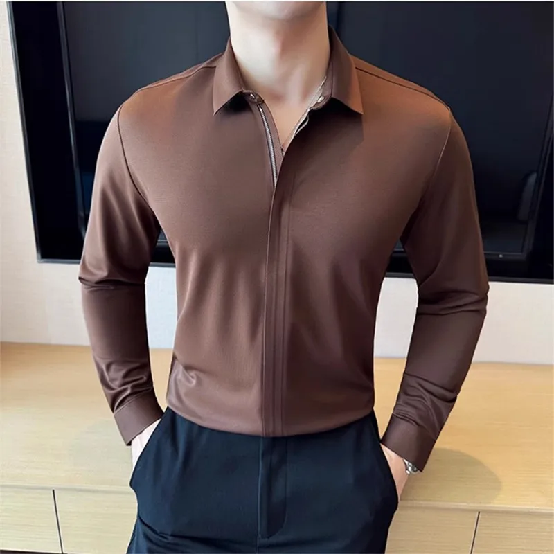 New High Quality Casual Shirt For Men Fashion Zipper Long Sleeve Solid Color Smart Casual Slim Fit Turn Down Collar Mens Blouse