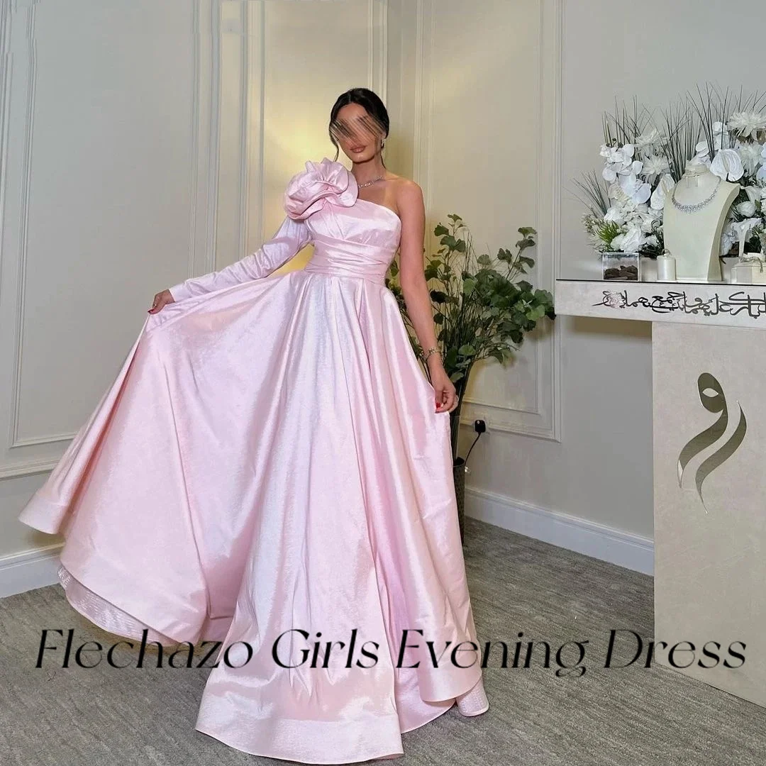 Flechazo Pink Prom Dresses One Shoulder Pleated Flowers Floor-Length Formal Occasion Dress For Women 2024 vestidos de gala