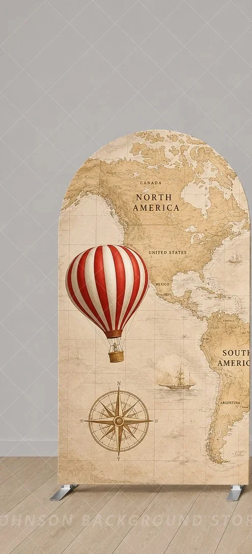 Vintage World Map Arch Backdrop Cover Set Hot Air Balloon Airplane Travel Adventure Birthday Party Decoration backgroud