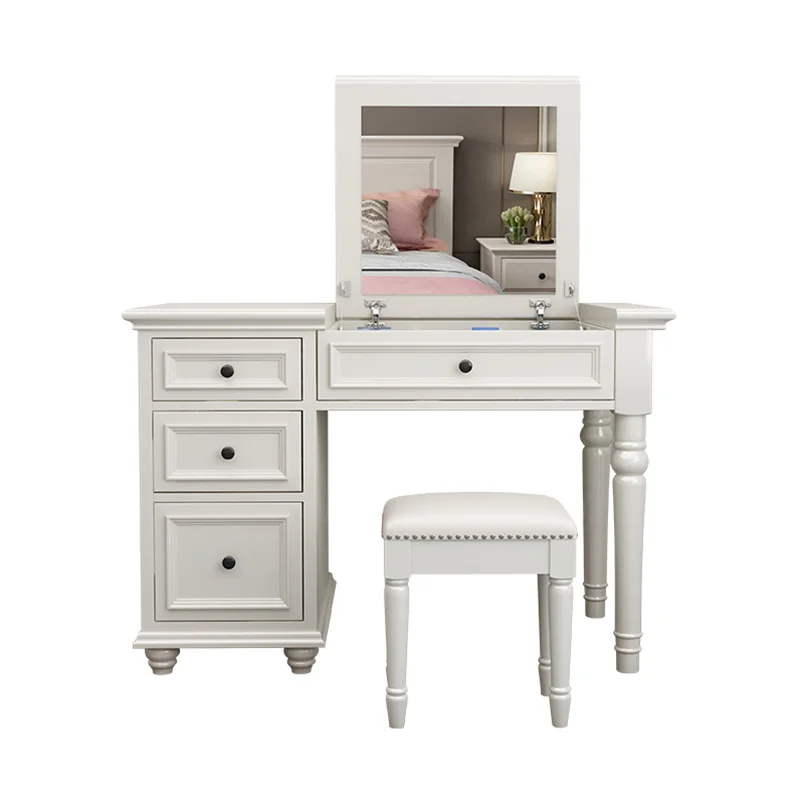 Minimalist Beige Mirror Vanity Table Large Drawer Nordic White Vanity Makeup Desk Modern Unique Kommode Furniture For Bedroom