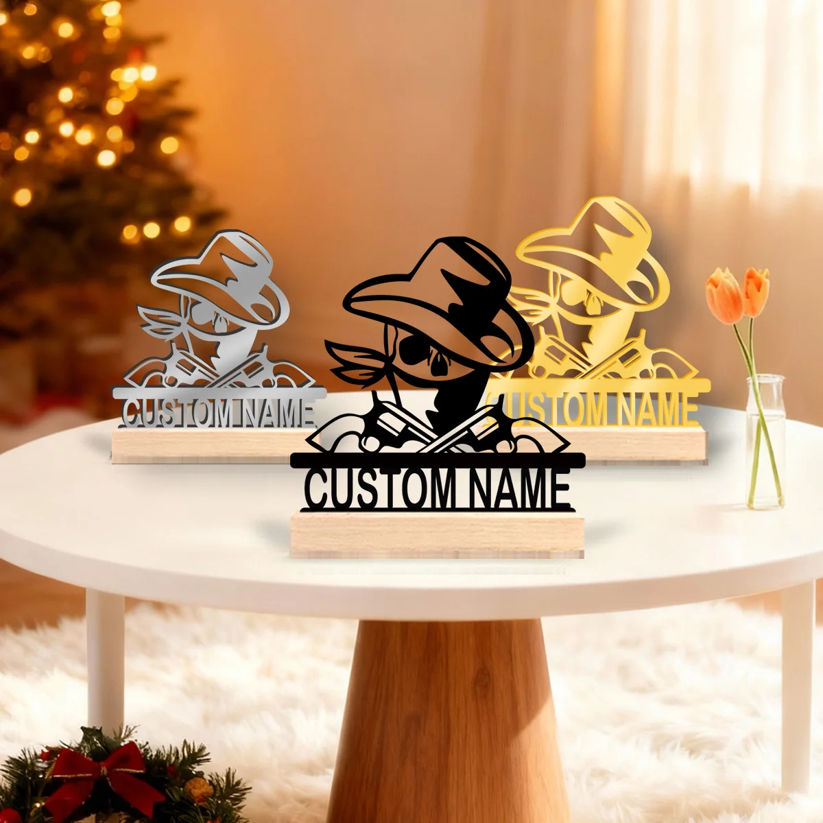 1pc Metal Desktop Decoration Customizable Name With Wooden Base Holiday Gifts for Family and Friends