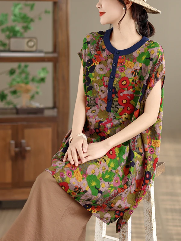 

New Chinese Style Loose Cotton Shirt Dress Women's Summer Fashion Brand Tagless Semi-Open Button Thin Material Casual Wear