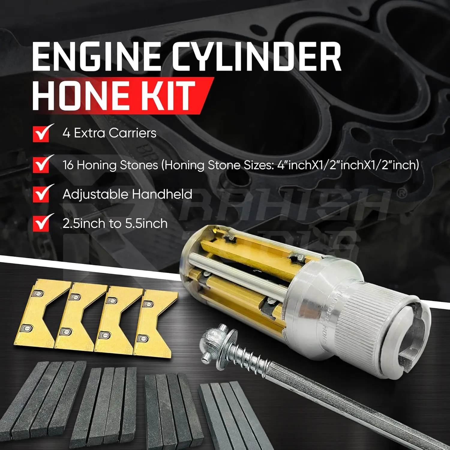 ylinder Hone Kit 2.5" to 5.5" with 4 Extra Carriers Adjustable Handheld Honing Machine Tool Kit with 16 Stones Sizes 4" x1/2" x1
