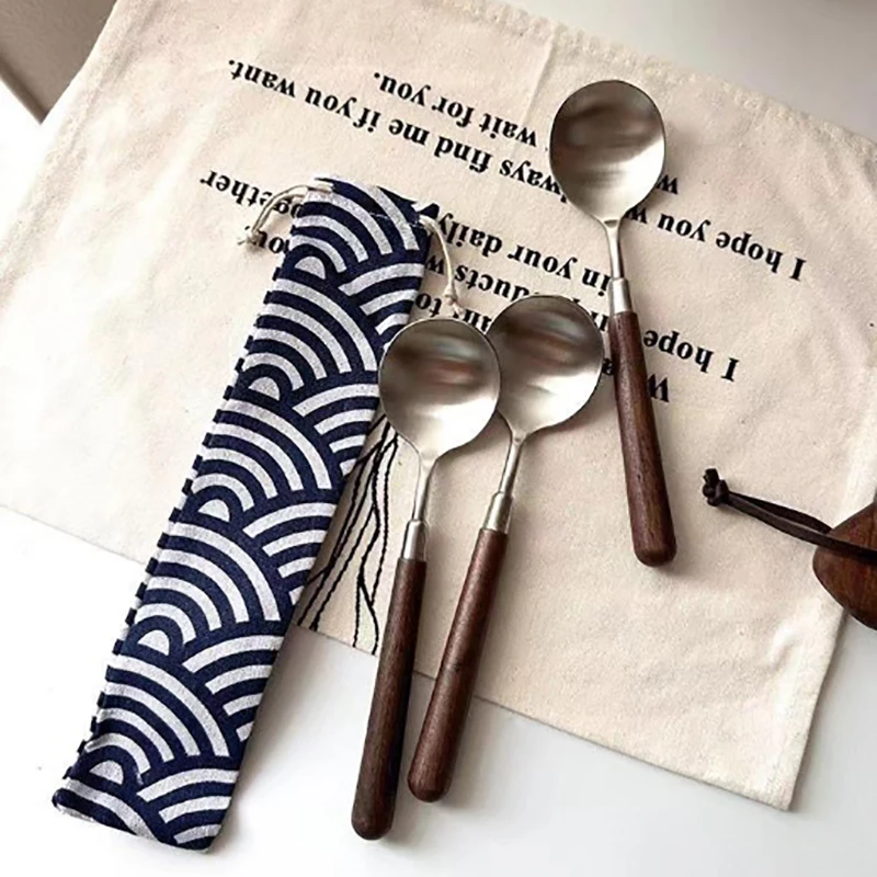 1pcs Stainless Imitation Wooden Handle Cutlery Set Dinnerware Clamp Western Tableware Dessert Soup Spoon Outdoor Tableware