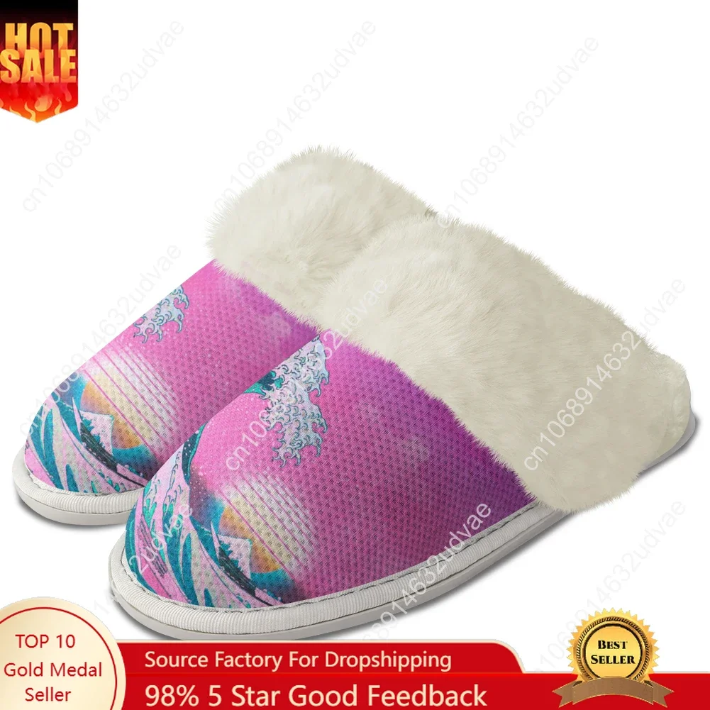 

The Great Wave off Kanagawa Plush Slippers Keep Warm Shoes Mens Womens Home Cotton Customized Thermal Lightweight Slipper DIY