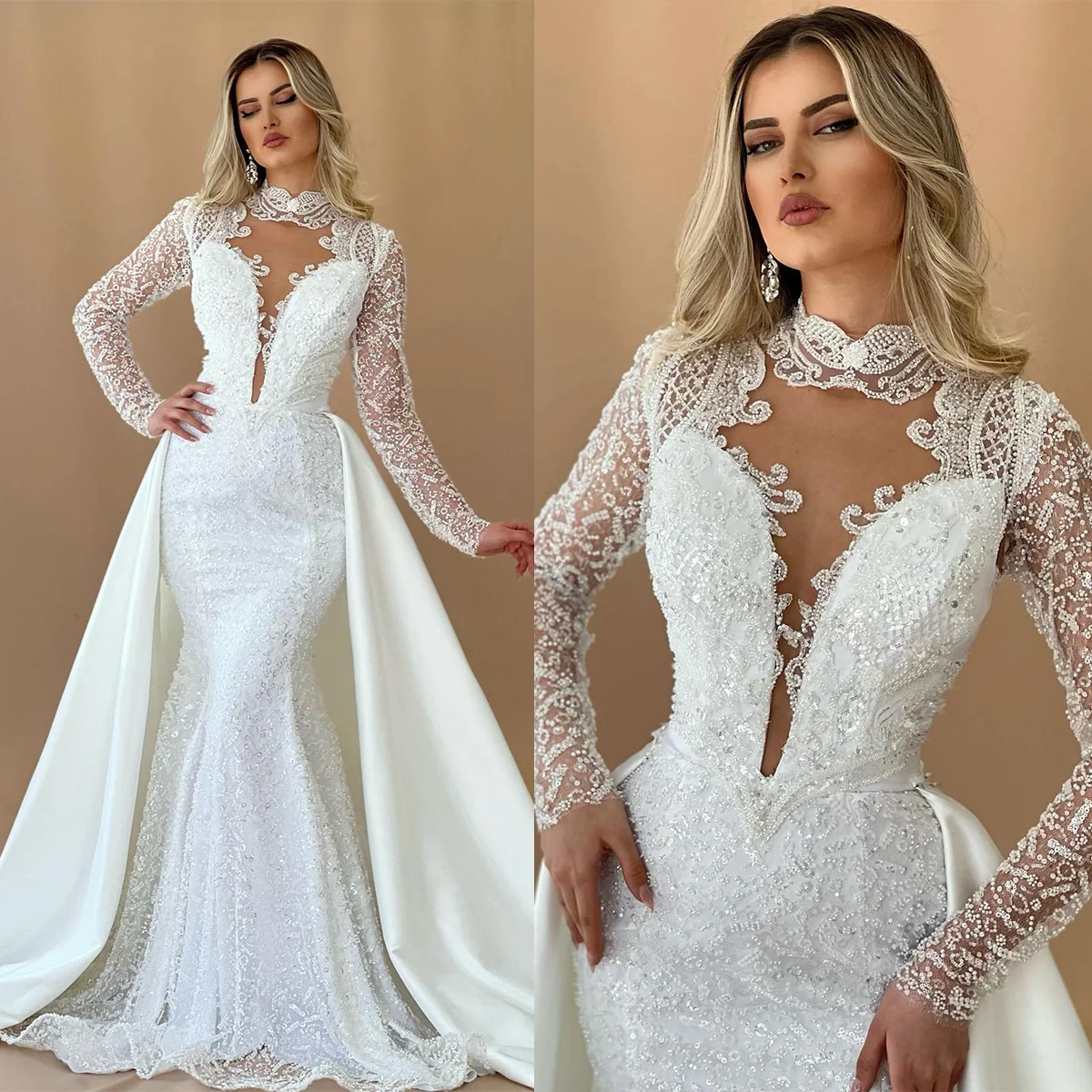 Elegant Mermaid Wedding Dresses Long Sleeves V Neck Halter Sequins Appliques Lace Satin Detachable Train Plus Size Bridal Gowns