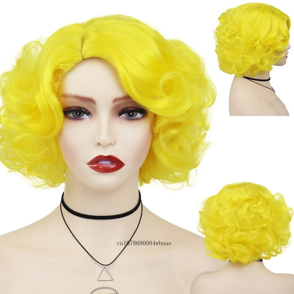 Yellow Curly Synthetic Hair Short Big Wavy Wigs for Women Lady Heat Resistant Fiber Layered Wig Halloween Cosplay Costume Use