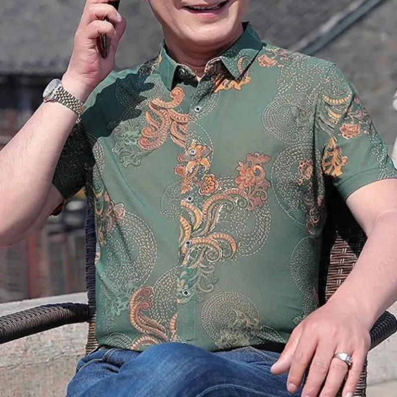 Summer Clothes Vintage Shirt Men Short Sleeve Ice Silk Turn-down Collar Blouse Loose Large Printing Button Fashion Elegant Tops