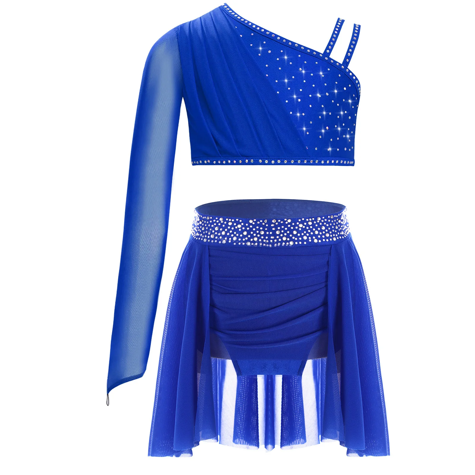 Kids Girls Lyrical Dance Costumes Sheer Mesh Long Sleeve Asymmetrical Shoulder Shiny Rhinestones Crop Top+Skirt Figure Skating