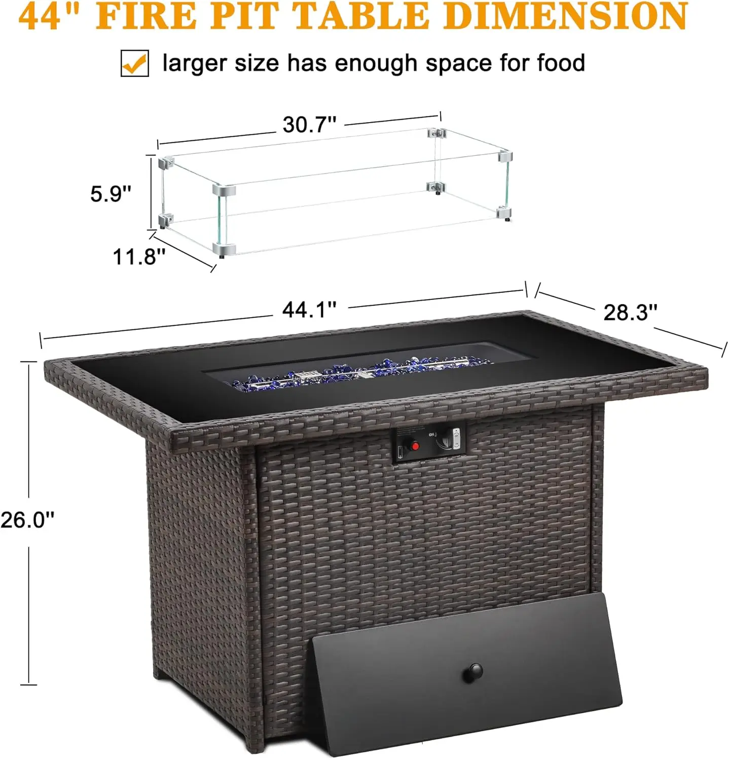 Outdoor Propane Gas Fire Pit Table, 55000 BTU, Rectangular with Glass Wind Guard for Patio, Deck, Garden, Backyard view 5