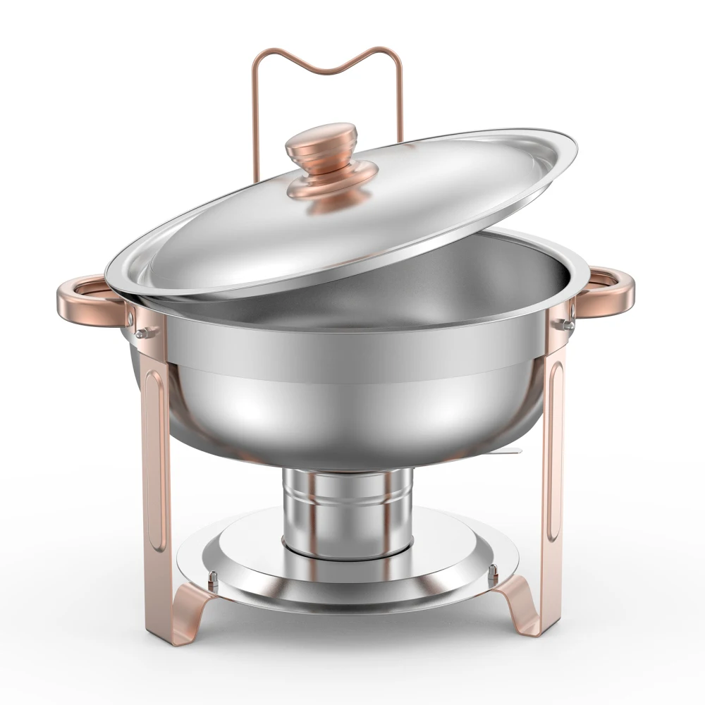 

5 Qt 4 Pack Round Chafing Dish Buffet Set Fullsize Pan Stainless Steel Rose Gold