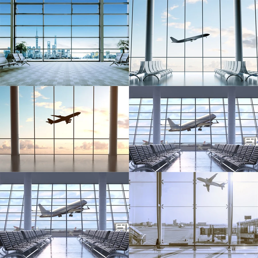 Photography Backdrop Plane Take Off French Window Airport Waiting Room Child Portrait Background Banner Poster Photo Studio