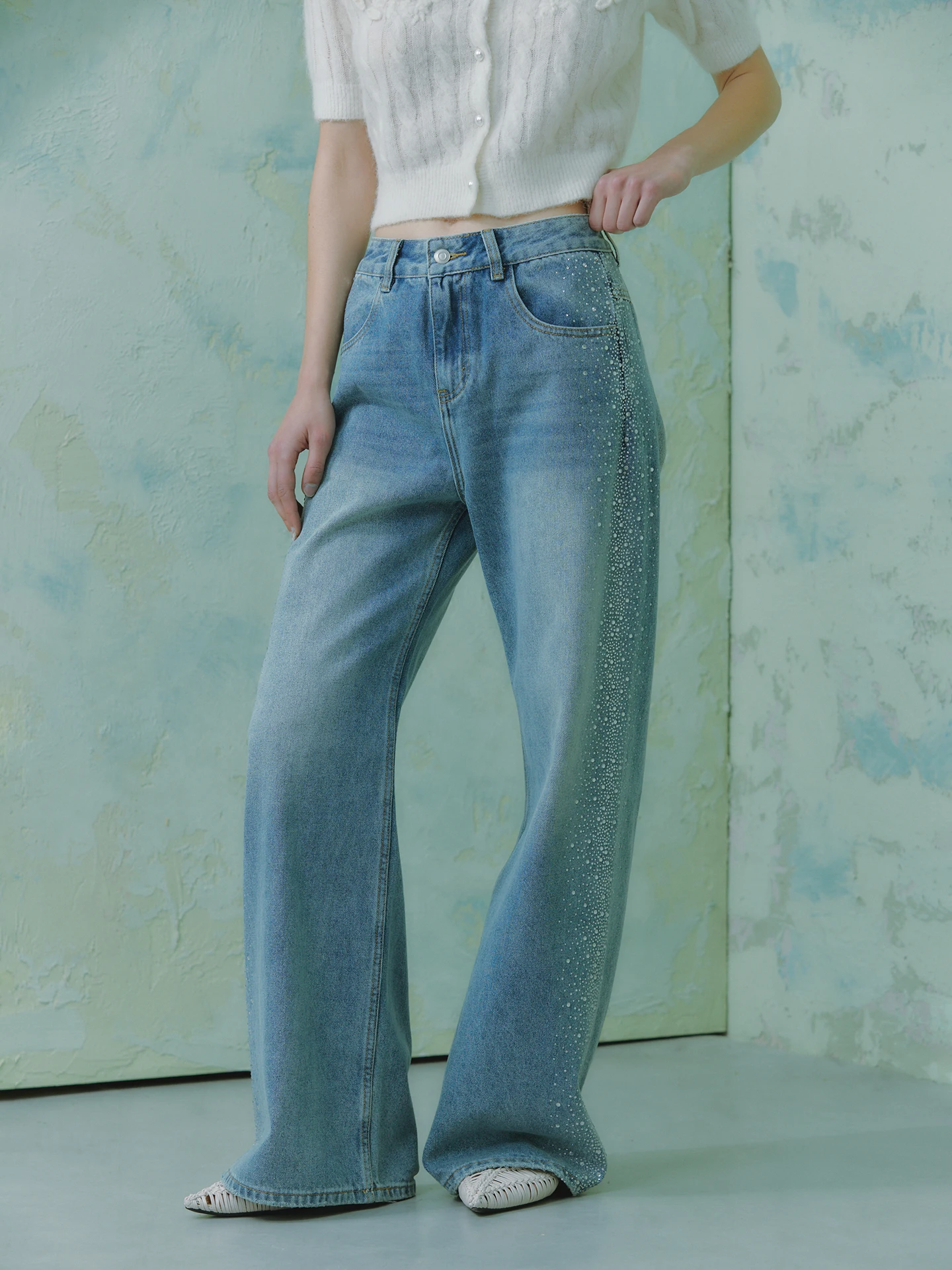 

Star River Overlap High Temperature Iron on Rhinestone Straight Wide Leg Jeans Women's Spring Summer Long Pants