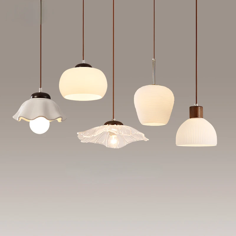 

New Chinese ceramic glass three-headed restaurant dining table bar chandelier walnut wood color bedroom bed sheet head small