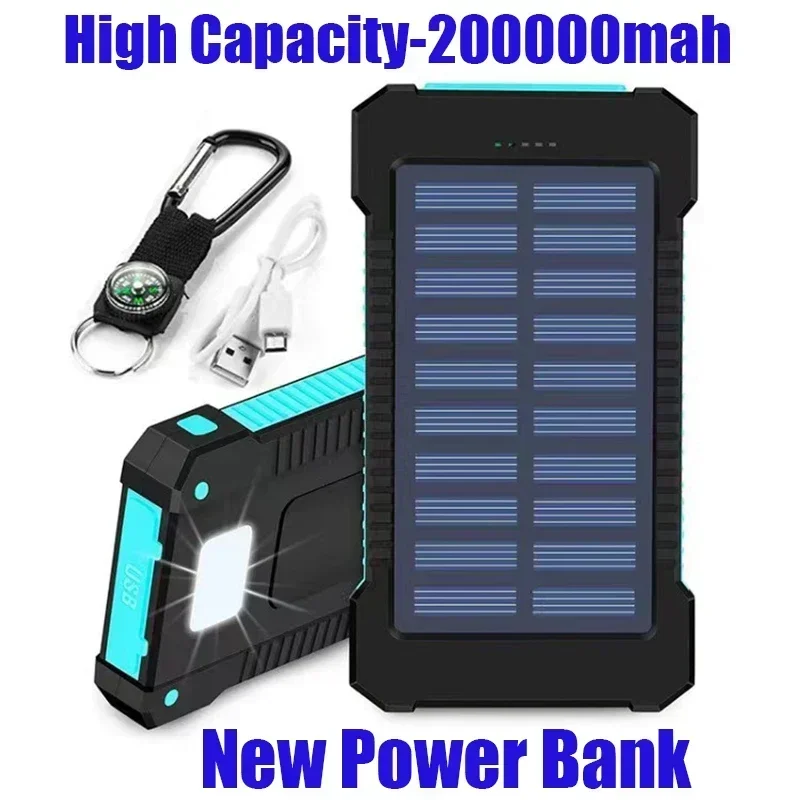 New 200Ah External Battery Solar Power Bank LEDSOS Flashlight FAST Charging Portable Waterproof Powerbank for Smart Mobile Phone