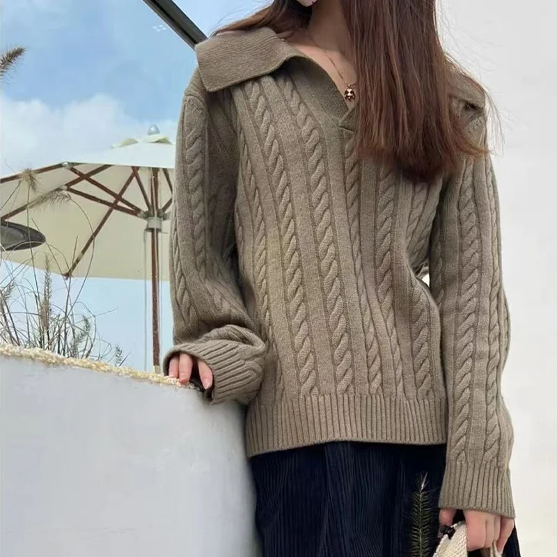 Womens Casual Knit Sweater Eight Strand Knit Long Sleeve Polo Collar Stylish And Versatile Knitwear Everyday Casual Outfit