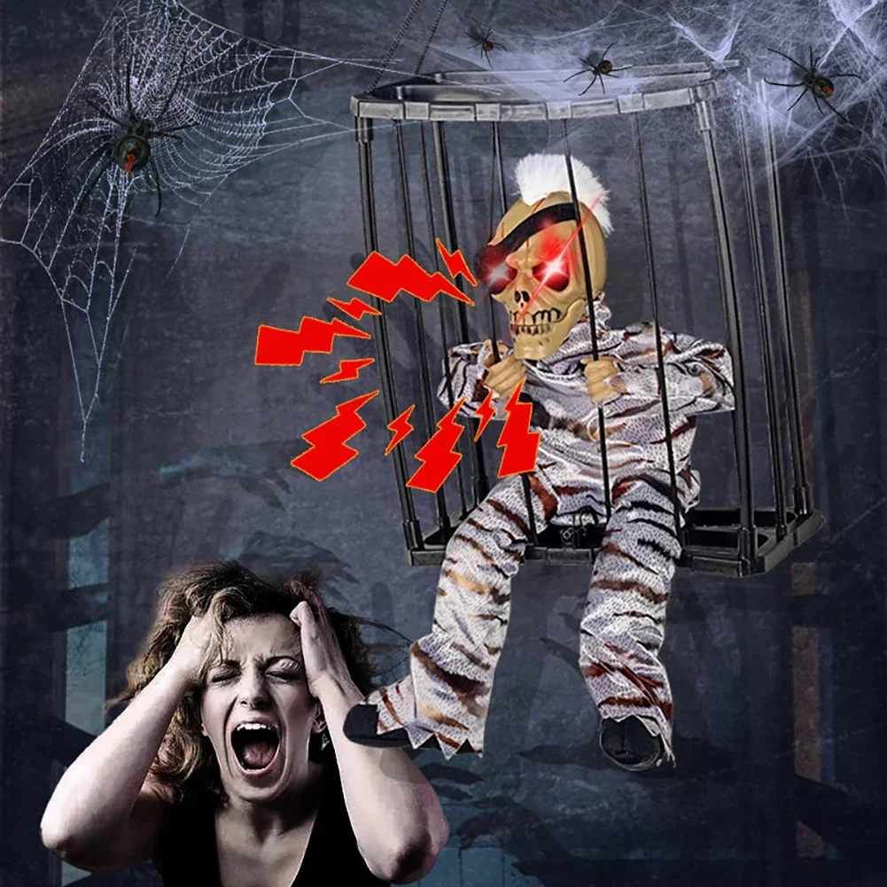 Halloween Hanging Ghost Toy Prisoner Cage Ghost Electric Luminous Sound Can be Hanged Back, Plain Clothes, Colored Leopard Print - Image 3