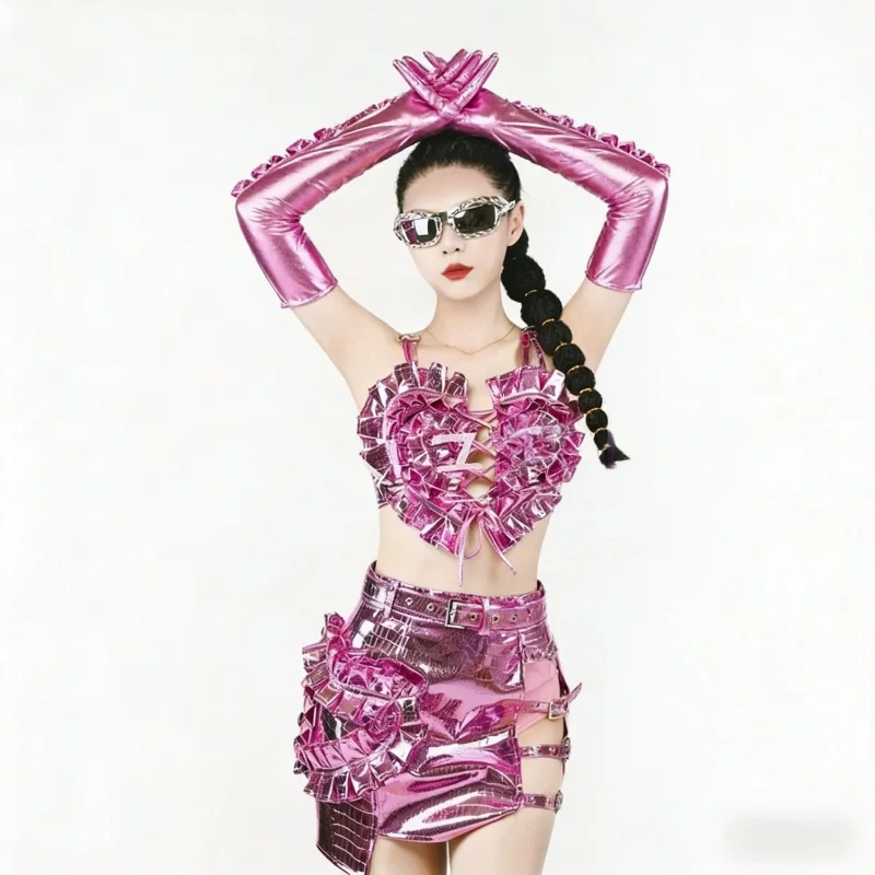 Female Pink Laser Tank Tops Mini Skirt Nightclub Bar Singer DJ Gogo Dance Costume Glove Outfit Sexy Stage Performance Clothes