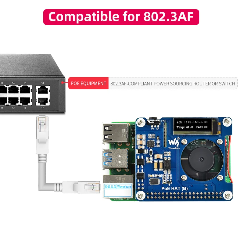 Raspberry Pi 4  PoE HAT 802.3af Power Over Ethernet Expansion Board with Cooling Fan Temperature OLED for Raspberry Pi 3B+ 4B