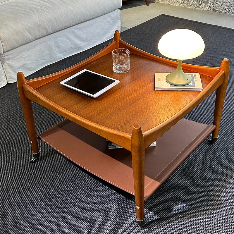 Special wabi-sabi wind coffee table movable trolley retro teak sofa solid wood edge table medieval corner table