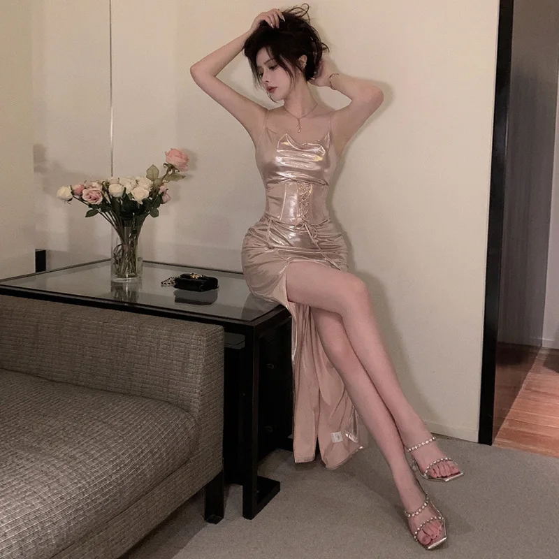 Elegante festa de noite maxi vestido feminino sexy rosa alta divisão cintas espaguete cor sólida sem mangas vestidos longos clubwear verão