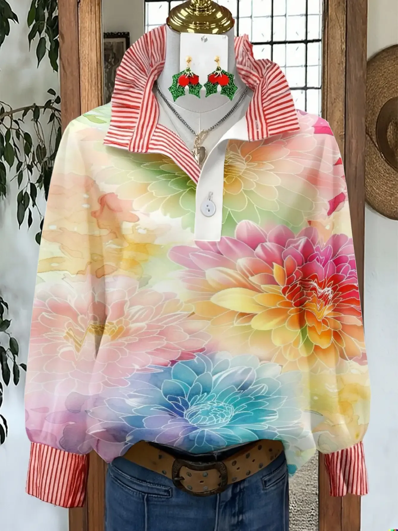 Women's Spring and Autumn Winter Collection Women's Stand up Collar Shirt Long Sleeve, Christmas Gift