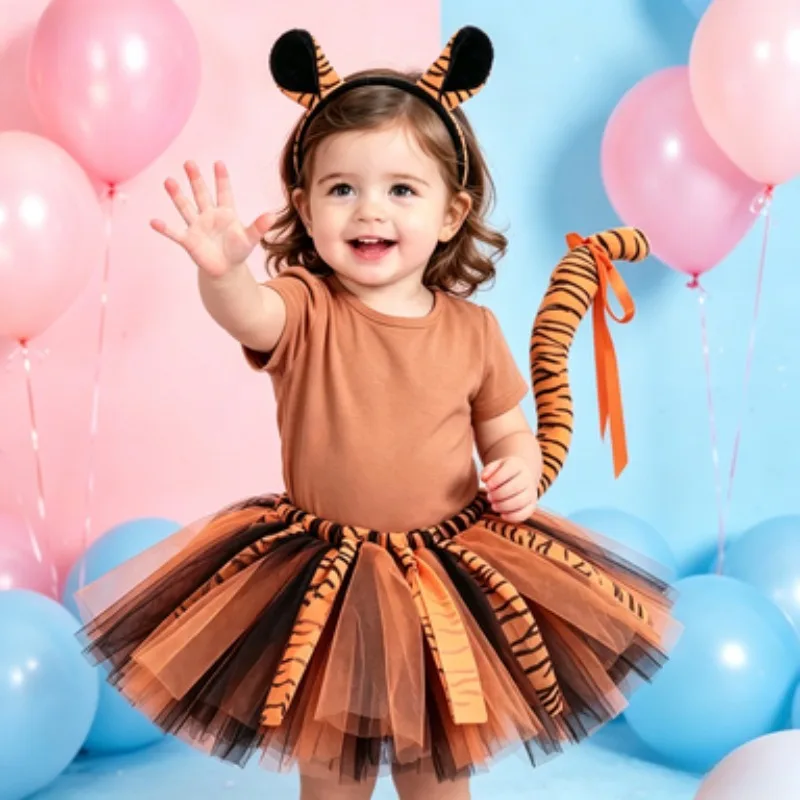 3-piece Girls Tiger-themed Tutu Skirt Set, Halloween Party Clothes, Kids Role Play Outfit with Headwear and Accessories