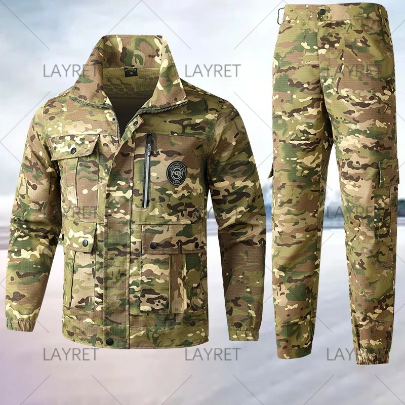 Mens Suit Outoor Sport Spring Autumn Workwear Top Pants Set Durable Stain Resistant Leisure Camouflage Outfit