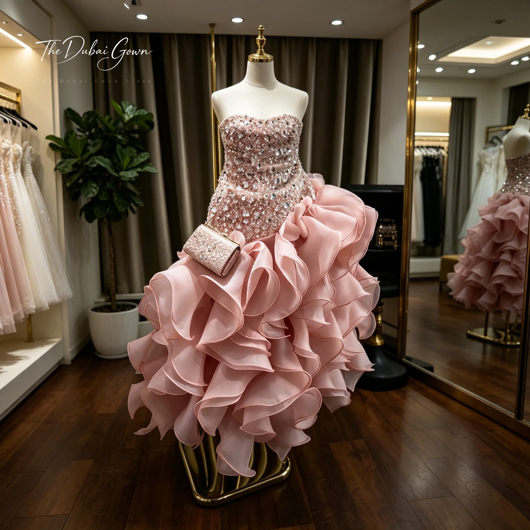 Blush Pink Sweetheart Strapless Evening Gown, Fully Beaded High Low Ruffle Tulle Prom Dress Dubai Luxury Engagement Formal Dress