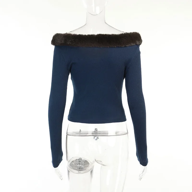 Autumn Long Sleeve Button Up Cropped Cardigan Women Off Shoulder Fur Collar Patchwork New Fairy Y2k Fashion Knitted Sweater Tops