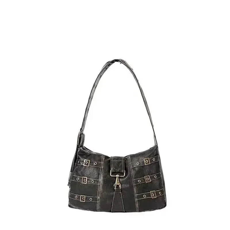 Retro American Punk Pu Leather Handbag Metal Button Shoulder Bags Tote Woman Bag Large Capacity Commuting Storage Bag Purse