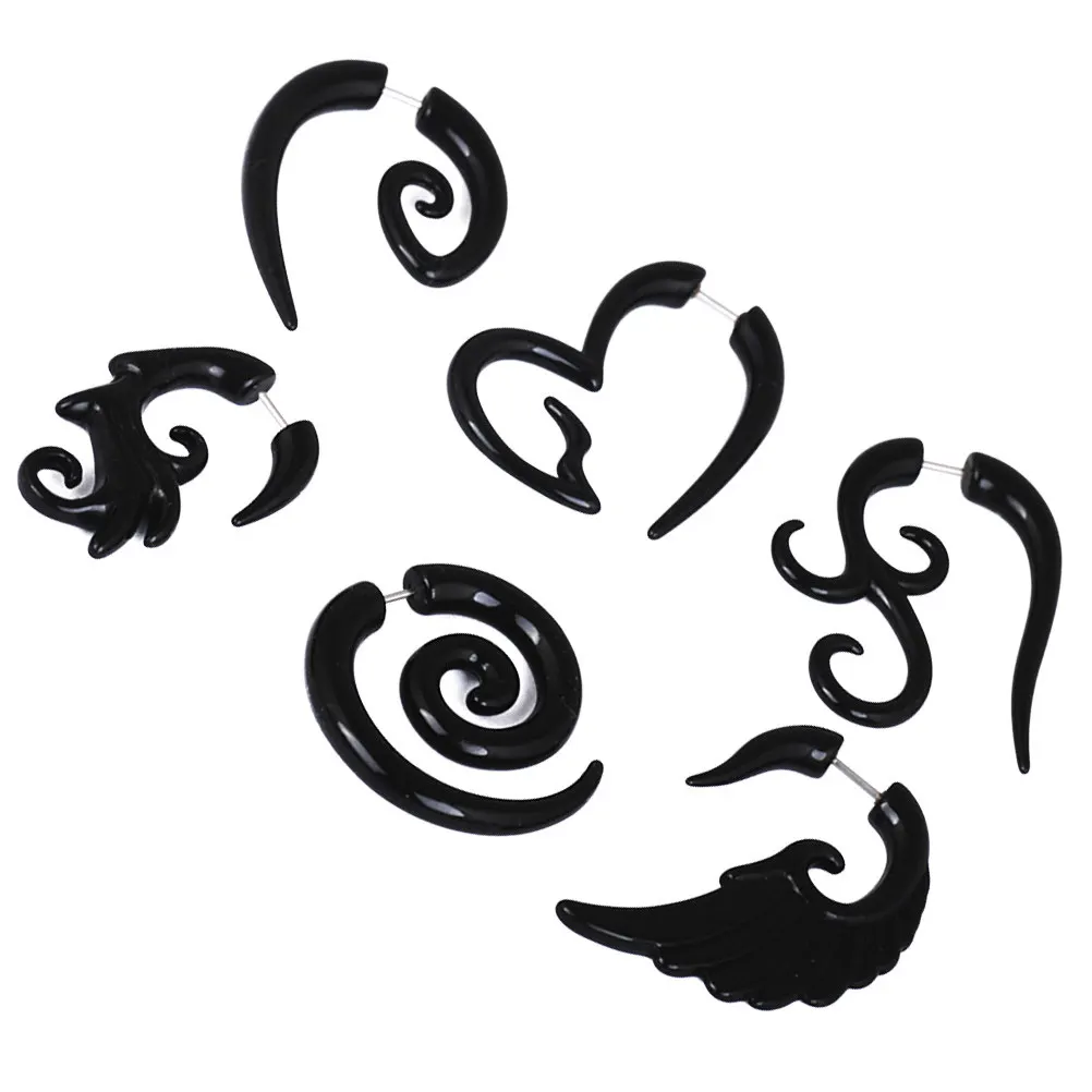 6 Piezas de Pendientes Falsos de Acrílico Negro en Espiral Tribal, Hipoalergénicos, para Hombres y Mujeres