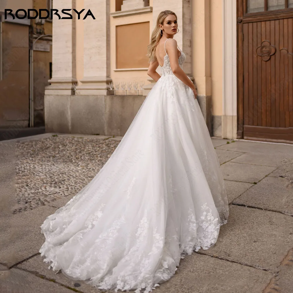 RODRSYA Boho Glitter Tulle Abiti da sposa Spaghetti Straps Backless V-Neck A-Line VRODDRSYA Boho Glitter Tulle abiti da sposa spalline senza spalline con scollo a v a-line Vestido De Novia abito da sposa 2024 su misura