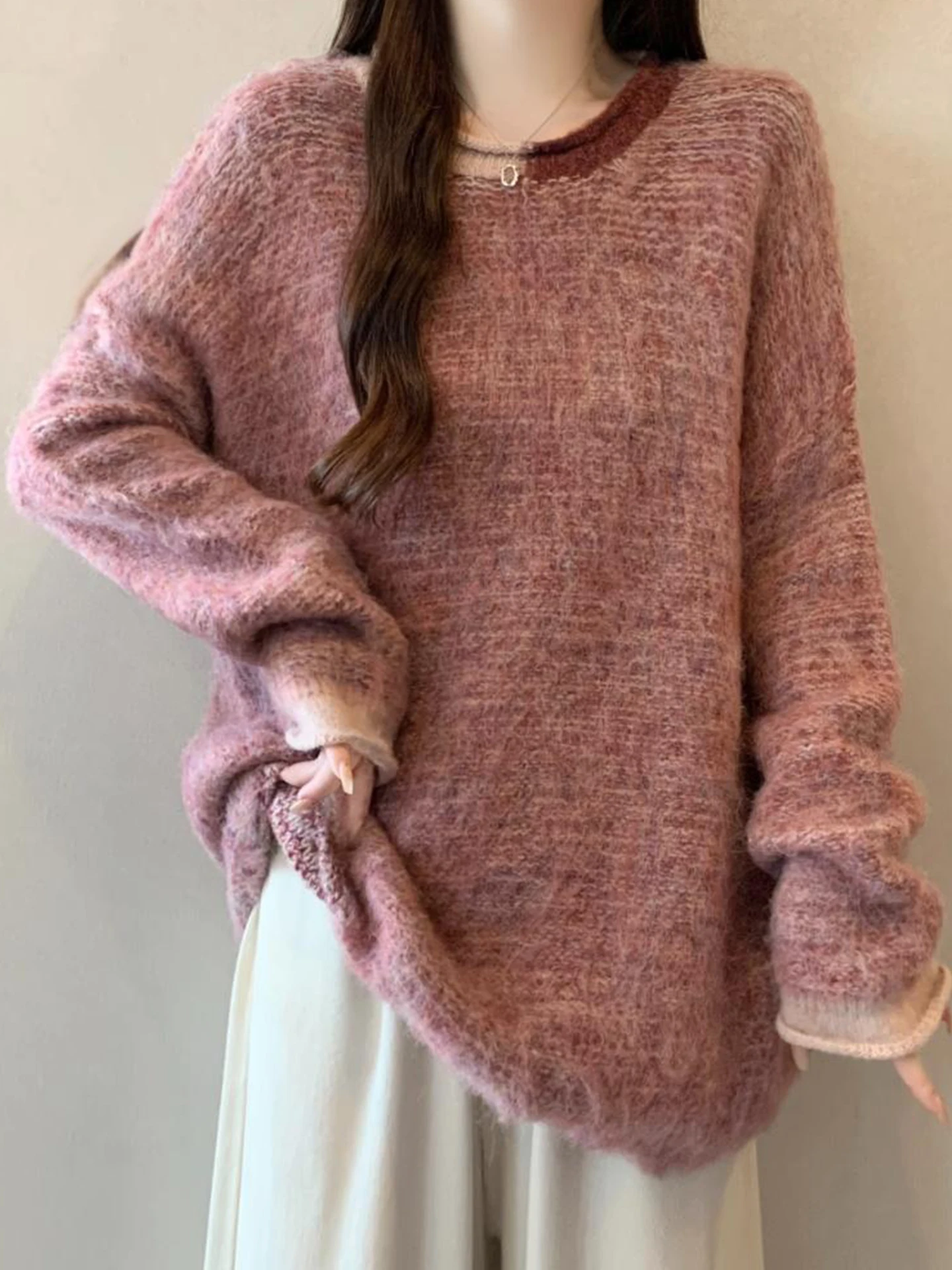 

Корейский мягкий вязаный свитер в стиле оверсайз для женщин, осенне-зимний, розовый, красивый, уникальный, средней длины, удобный, модный