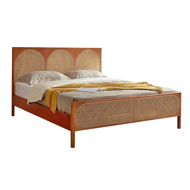 

Nordic rattan solid wood modern simple 1.5-meter double bed, master bedroom Japanese-style log bed
