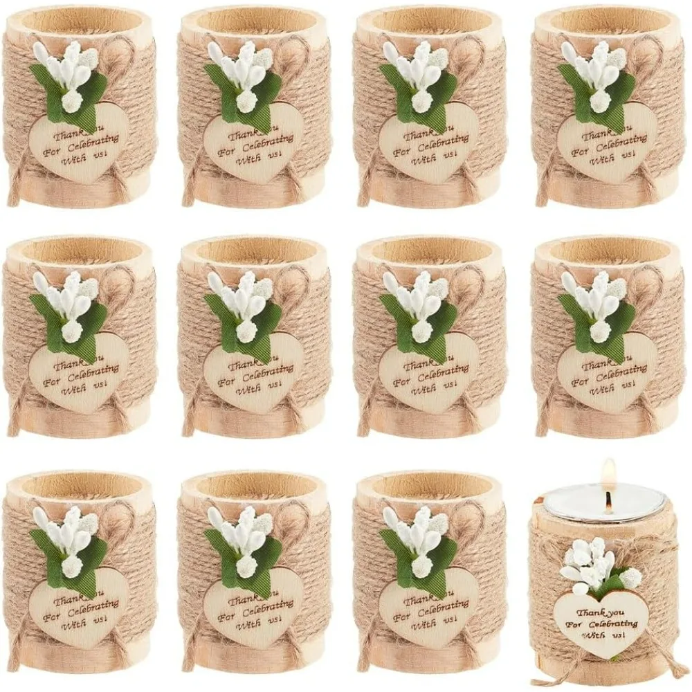 

12 Pack Wooden Tealight Candle Holders with Jute Rope and Foam Flower Wheat Wedding Party Favors for Table Centerpiece