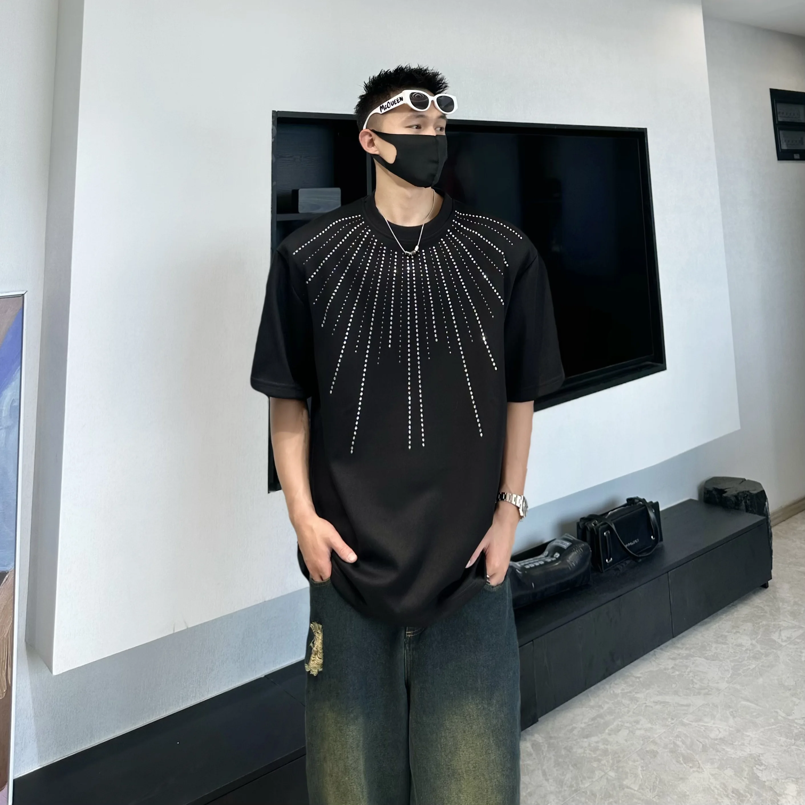 2025 Summer New Starry Heavy Embellished Round Neck Short Sleeve Loose Casual Versatile Youth Trendy T-Shirt for Men