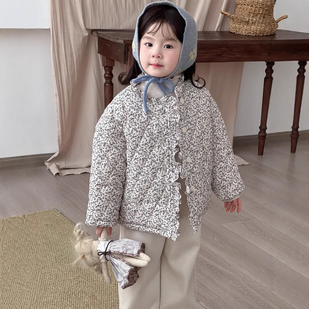 2025 New Autumn and Winter Kids Clothing Girls Sweet Floral Quilted Jackets Kids Cotton-padded Clothes Boutique Clothing