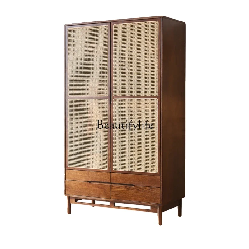 

yj5Home bedroom rattan wardrobe retro solid wood casement walnut color small apartment