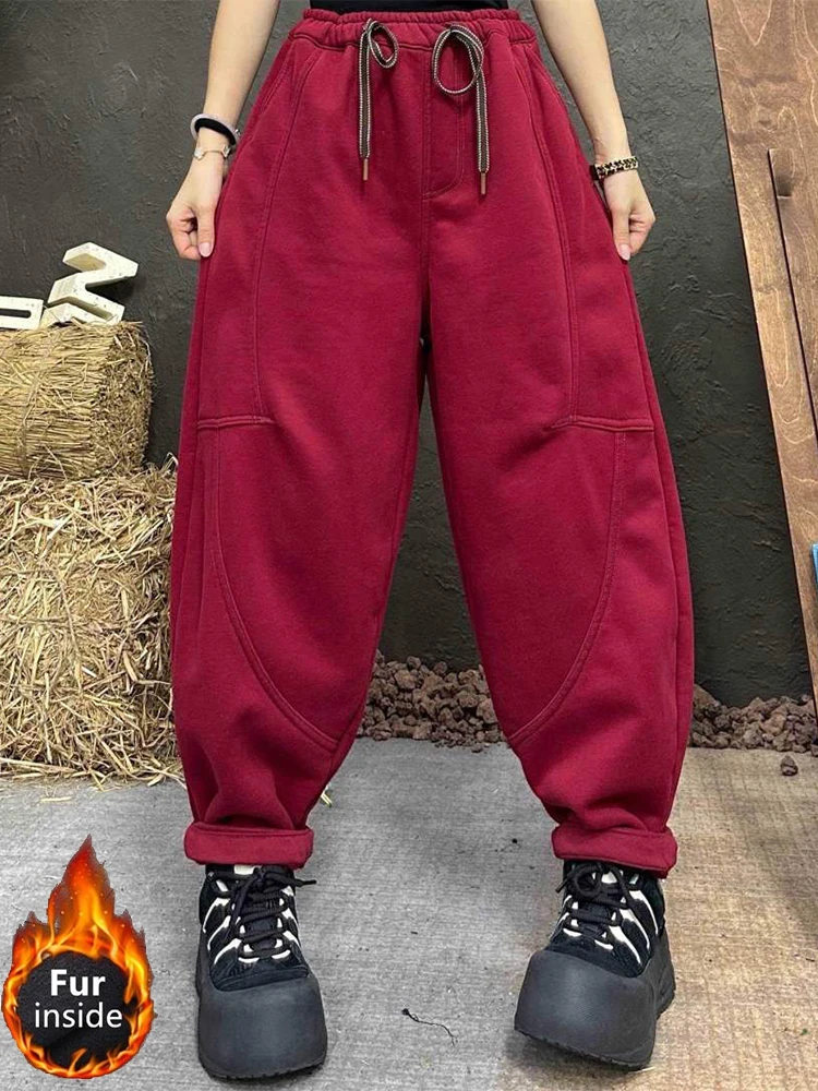 Amax LuluE 2026 Winter Womens Fashion Loose Vintage Casual Classic Pants Ladies Korean Solid Elegant Cotton Fur Design Trousers