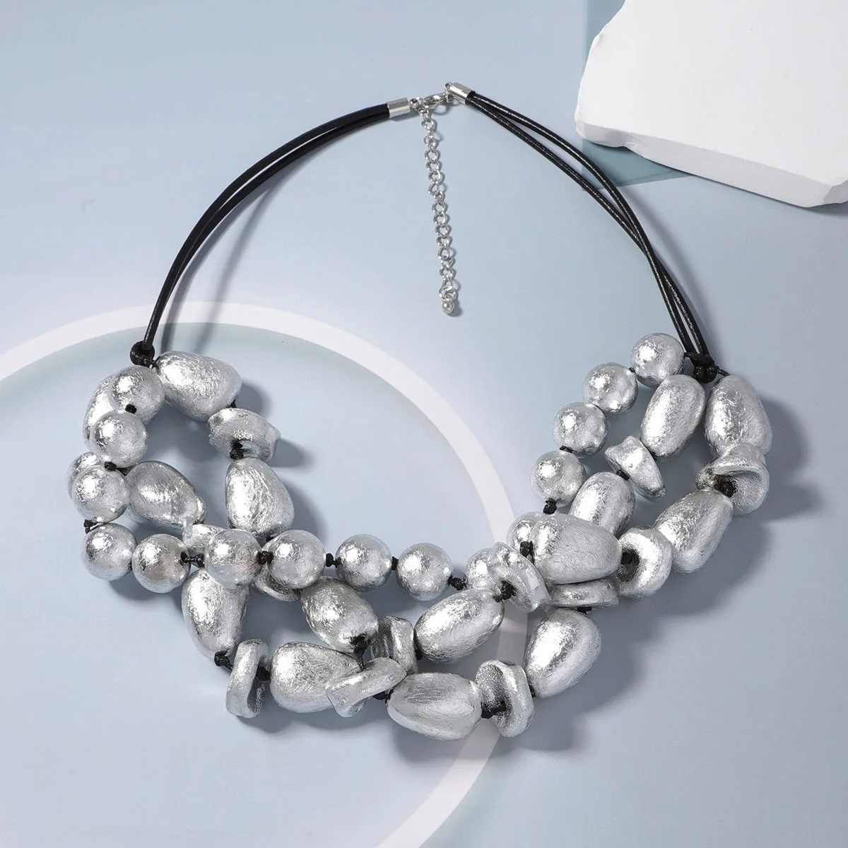Hot-selling trend irregular silver ingot beaded creative design niche fashion exaggerated personality necklace women