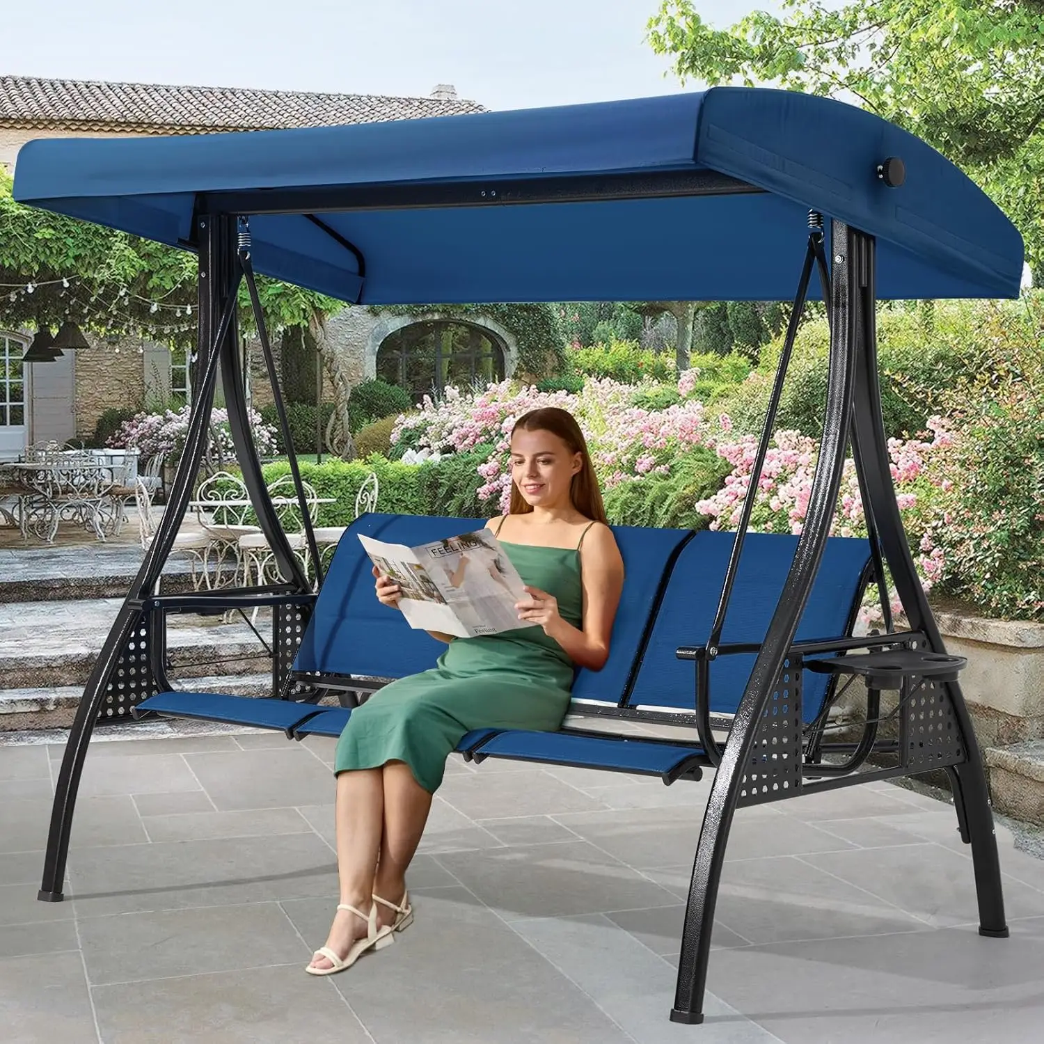 

3 Seat Patio Swing Outdoor Swing with Textilene Backrest 2 Cup Holders with Adjustable Canopy for Backyard Porch Garden Square
