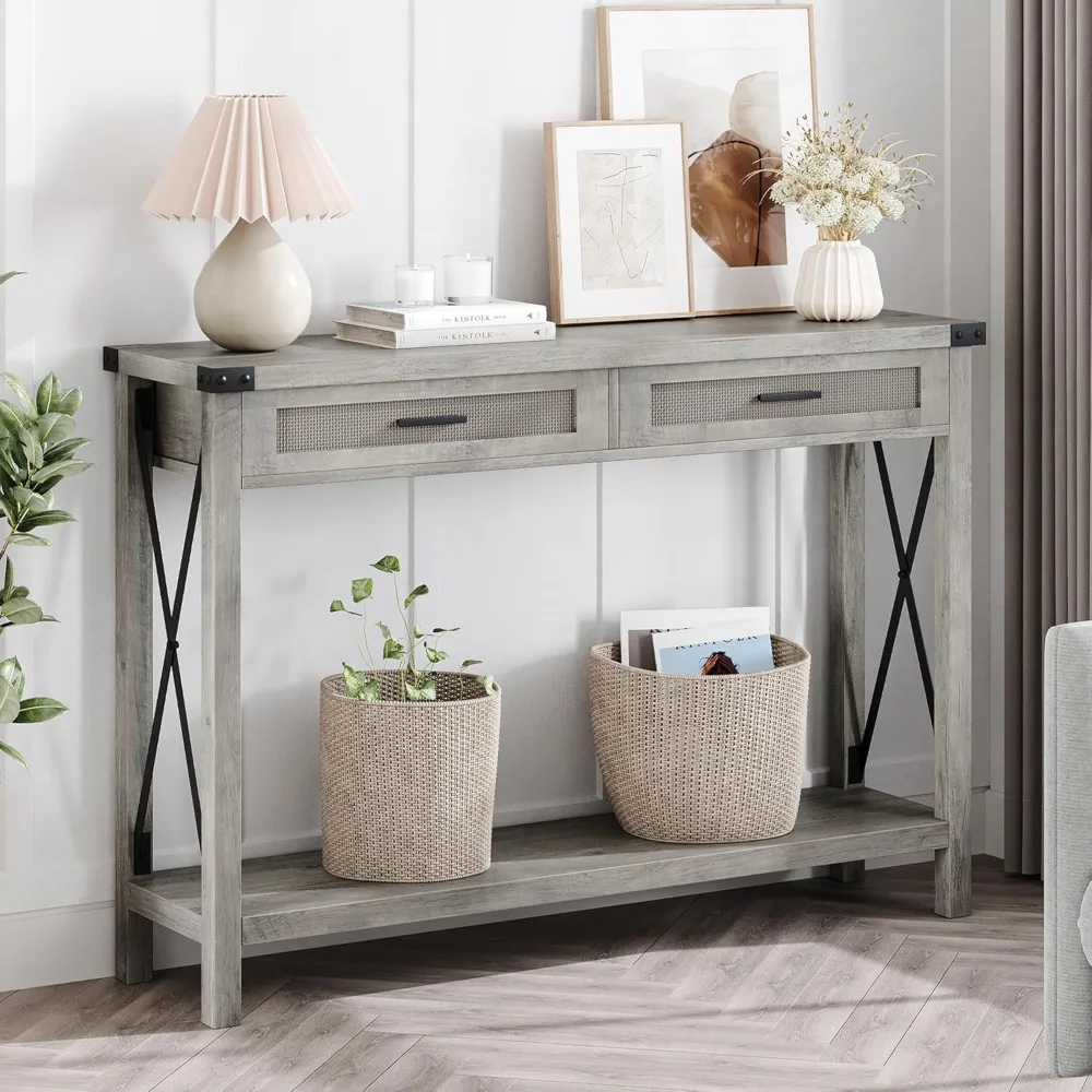 

Farmhouse Entryway Table, Grey Console Table with Rattan Drawers, 43" Sofa Table with Storage, Console Tables for Entryway, Liv