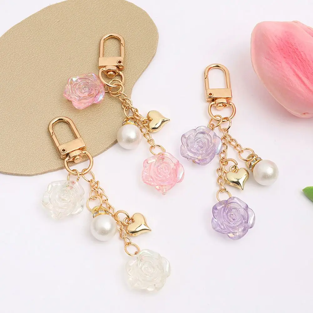 Vintage Rose Flower Pearl Charms Keychain Metal Heart Keyring Women Earphone Cover Pendant Bag Key Chains Decoration Accessories