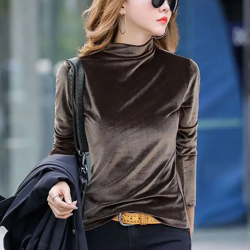 #0301 Spring Autumn Velvet T Shirt Women Half High Collar Basic T Shirt Femme Slim Long Sleeve T-shirts S-4XL Women\'s Tee Shirt