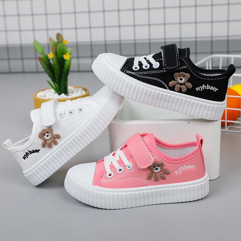 Children\'s Canvas Shoes Spring Autumn White Embroidery Cartoon Boys and Girls Single Shoes Pink Soft Non-slip Kids Casual Shoes